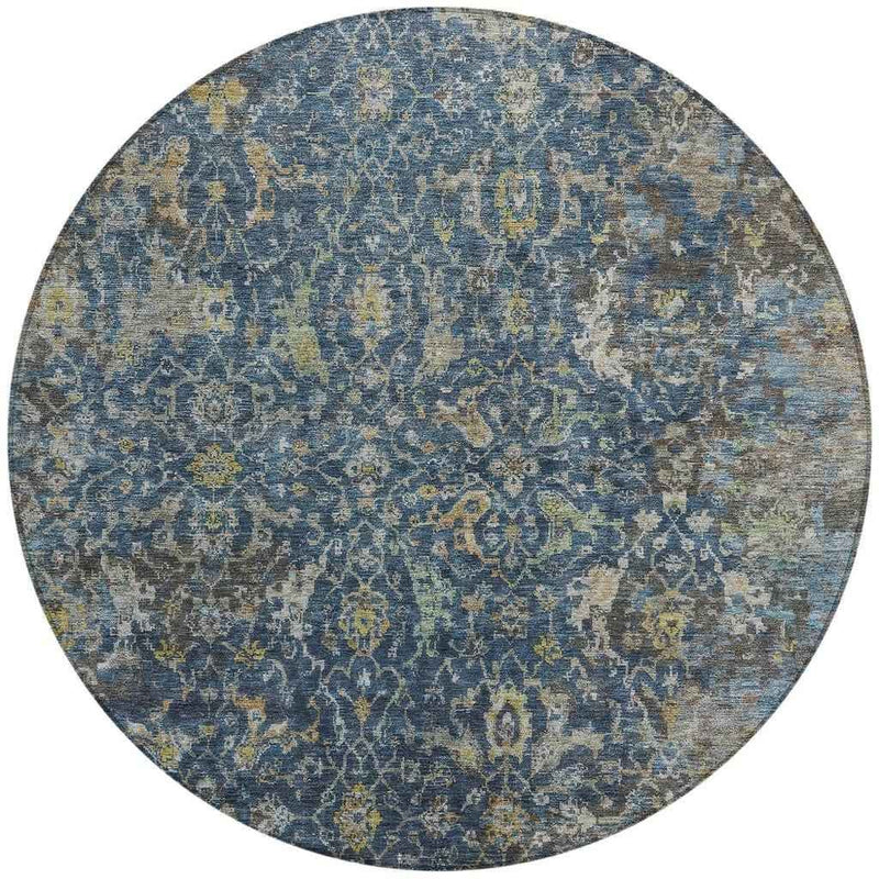 8' Navy Blue And Gray Round Damask Washable Indoor Outdoor Area Rug