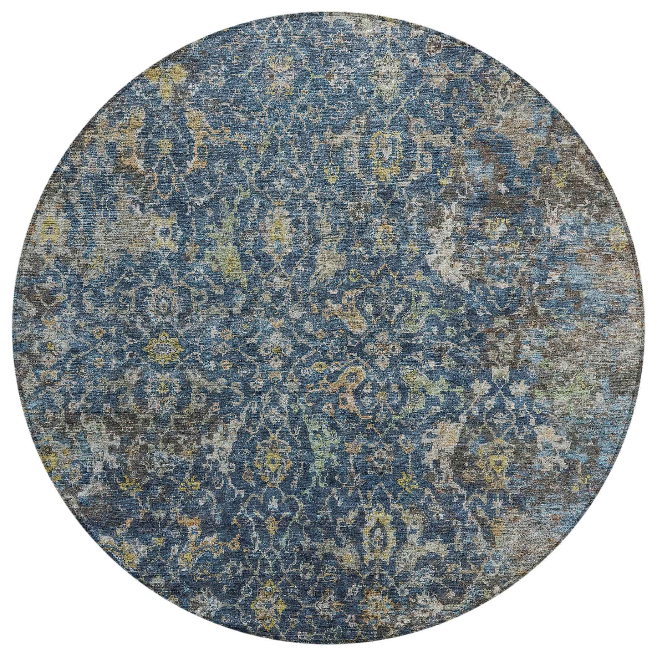 8' Navy Blue And Gray Round Damask Washable Indoor Outdoor Area Rug