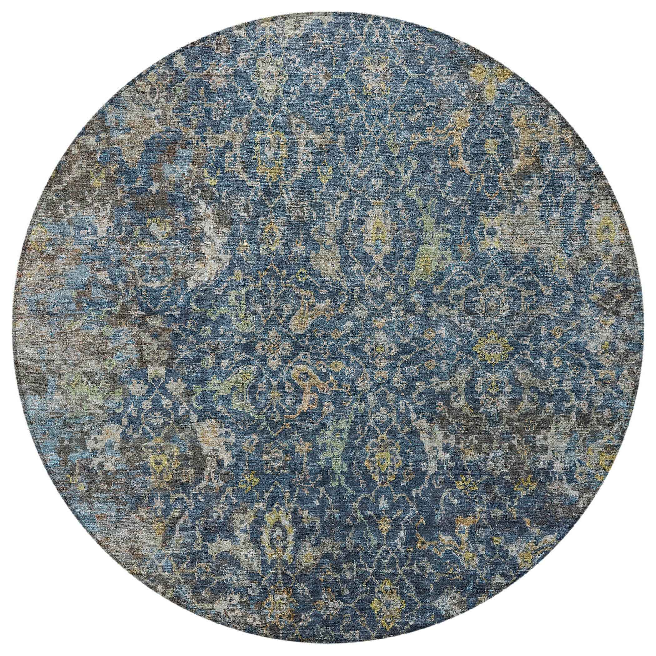 8' Navy Blue And Gray Round Damask Washable Indoor Outdoor Area Rug