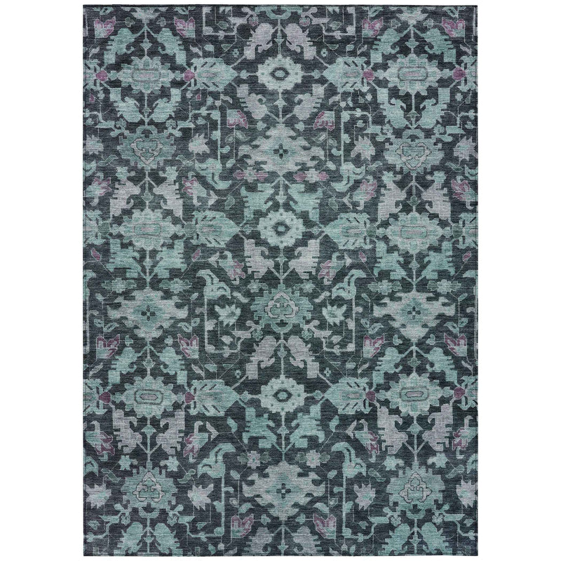 10' X 14' Teal Blue And Plum Floral Washable Indoor Outdoor Area Rug