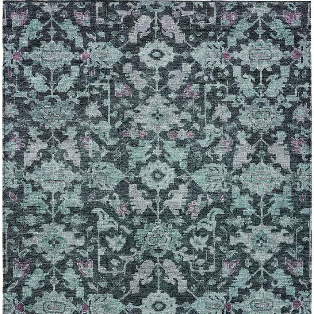 10' X 14' Teal Blue And Plum Floral Washable Indoor Outdoor Area Rug