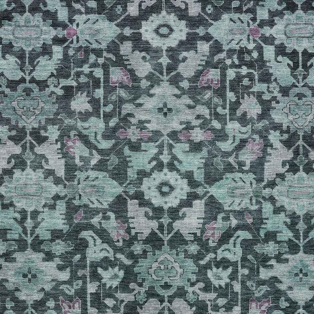 10' X 14' Teal Blue And Plum Floral Washable Indoor Outdoor Area Rug