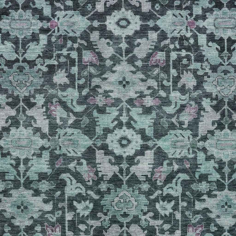 10' X 14' Teal Blue And Plum Floral Washable Indoor Outdoor Area Rug