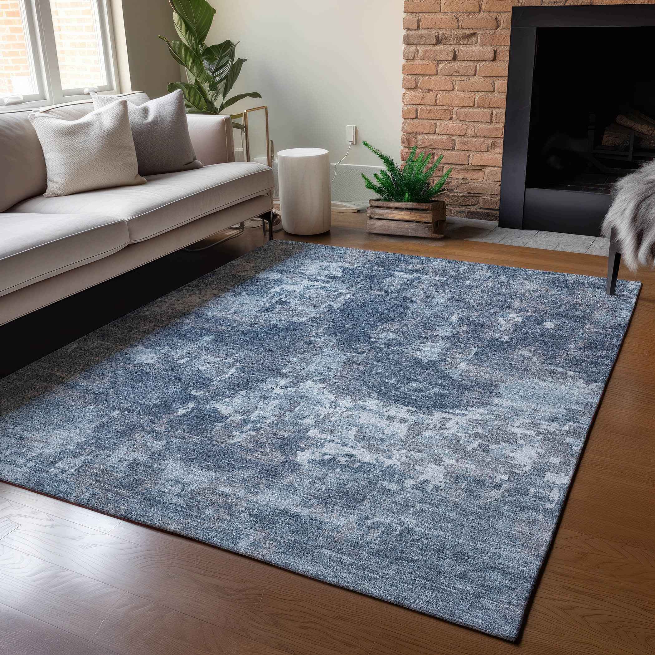 9' X 12' Blue And Ivory Abstract Washable Indoor Outdoor Area Rug