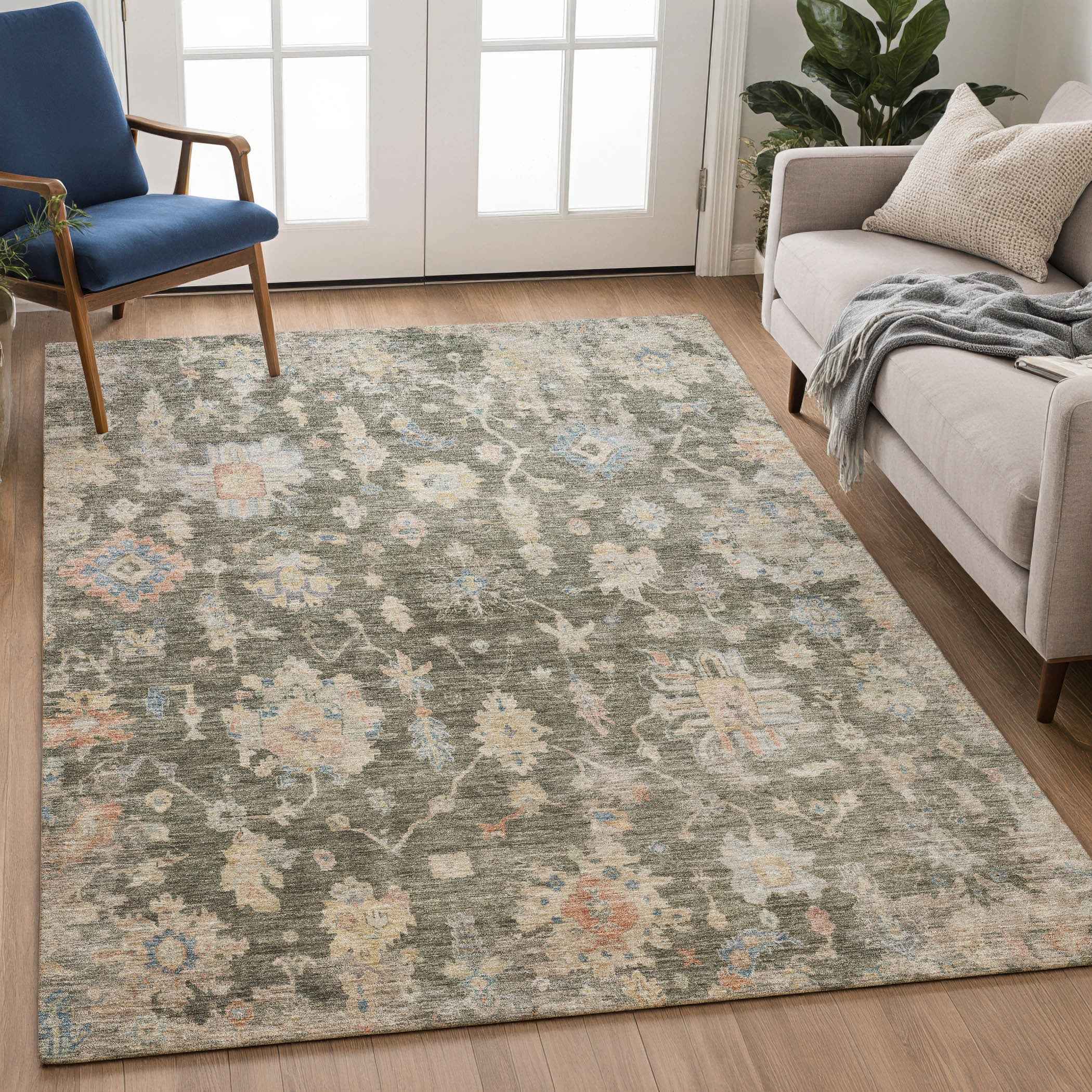 10' X 14' Fern Green Beige And Blue Floral Washable Indoor Outdoor Area Rug