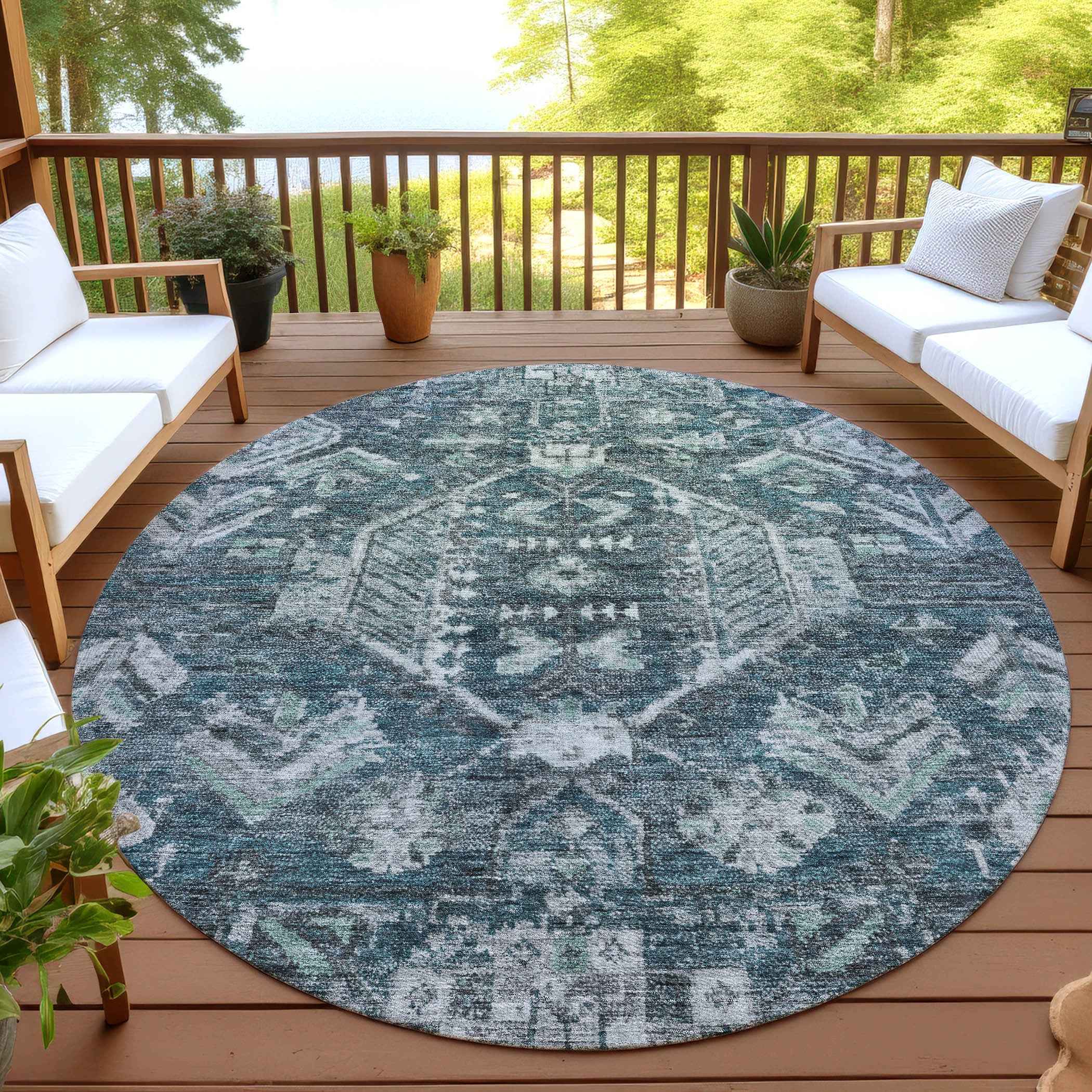 8' Teal Blue And Silver Round Medallion Washable Indoor Outdoor Area Rug