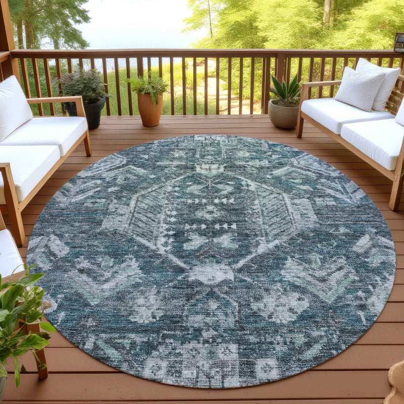 8' Teal Blue And Silver Round Medallion Washable Indoor Outdoor Area Rug
