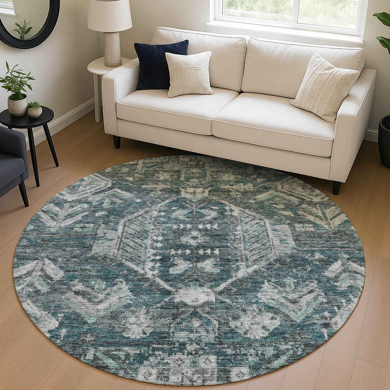 8' Teal Blue And Silver Round Medallion Washable Indoor Outdoor Area Rug