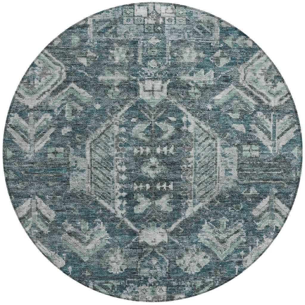 8' Teal Blue And Silver Round Medallion Washable Indoor Outdoor Area Rug