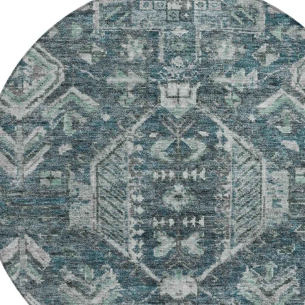 8' Teal Blue And Silver Round Medallion Washable Indoor Outdoor Area Rug