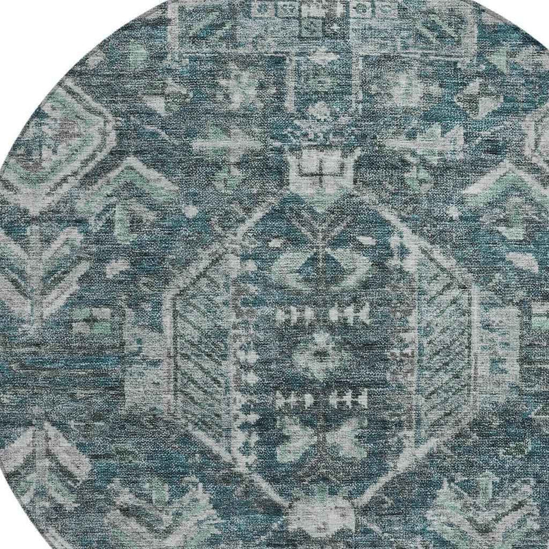 8' Teal Blue And Silver Round Medallion Washable Indoor Outdoor Area Rug