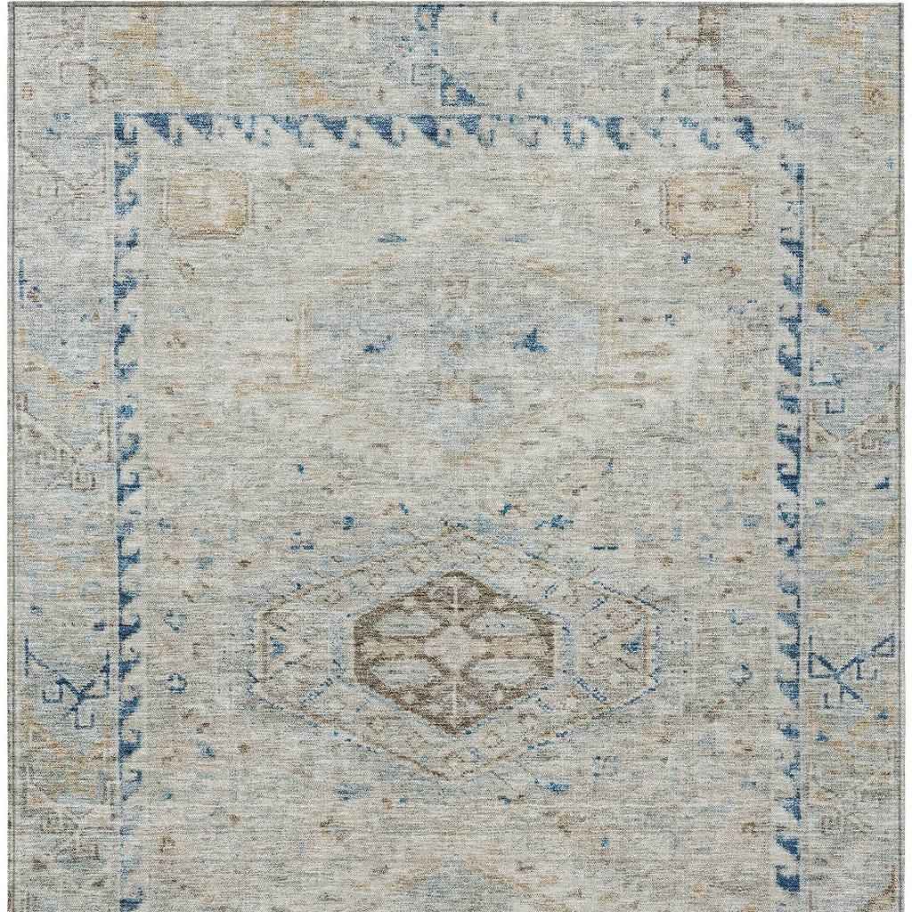5' X 8' Linen And Blue Medallion Washable Indoor Outdoor Area Rug