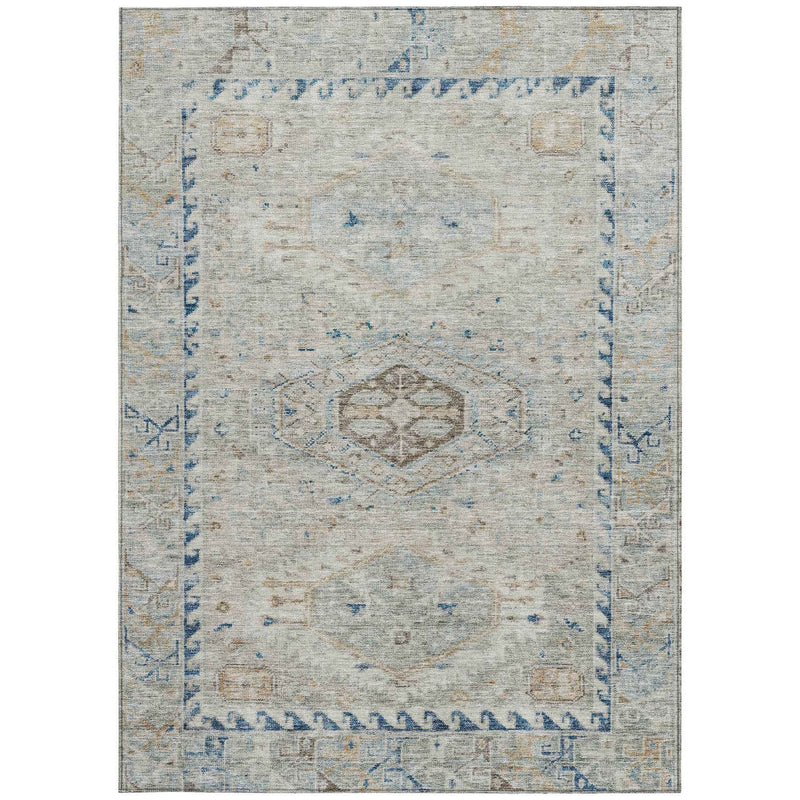 5' X 8' Linen And Blue Medallion Washable Indoor Outdoor Area Rug