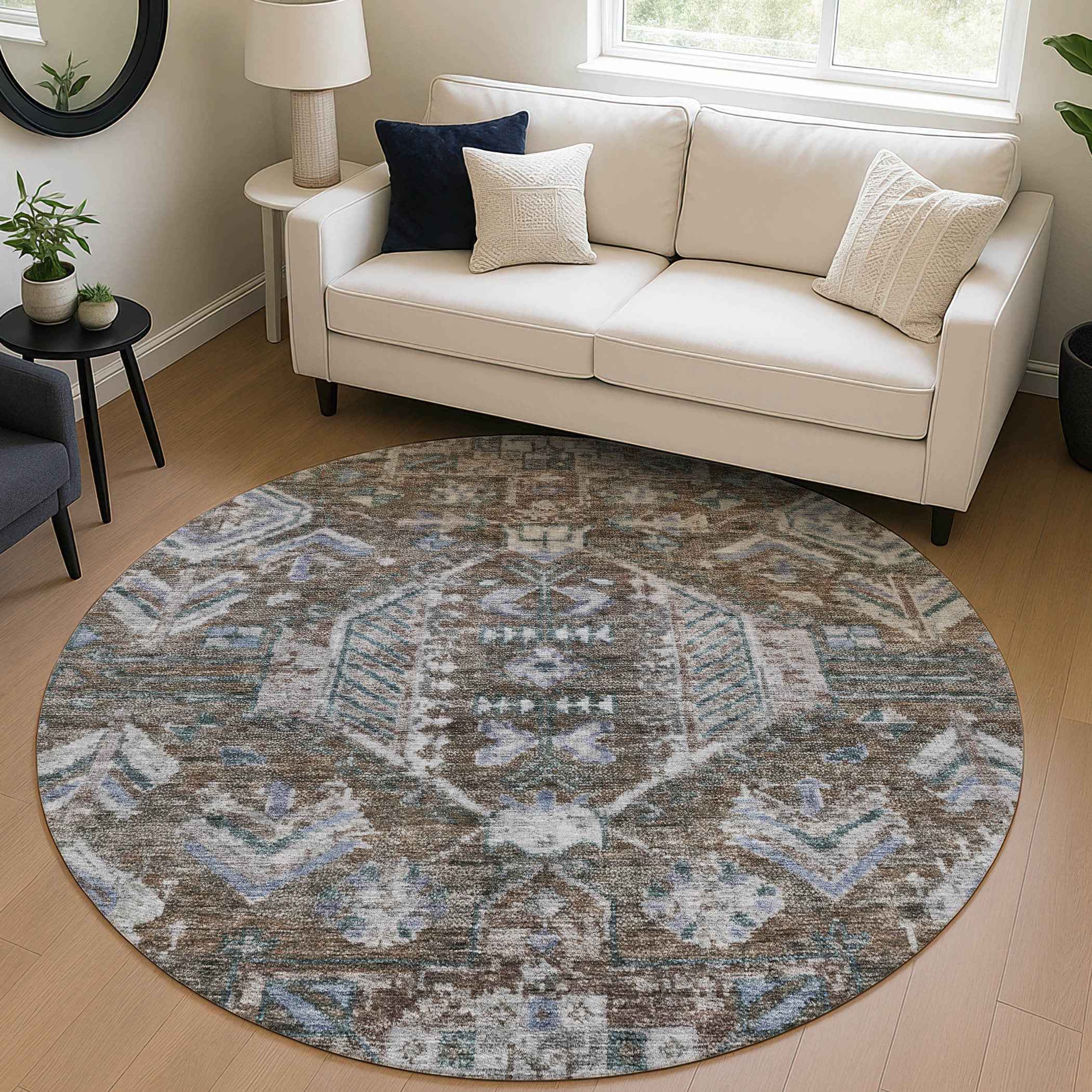 8' Chocolate And Denim Blue Round Medallion Washable Indoor Outdoor Area Rug