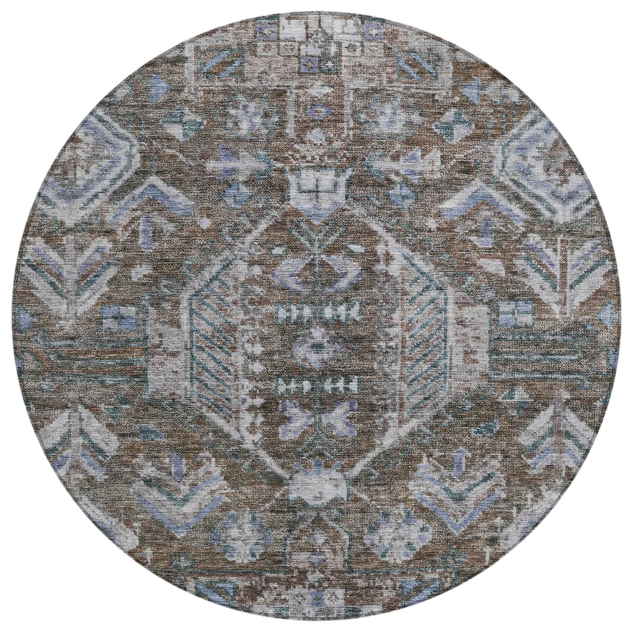 8' Chocolate And Denim Blue Round Medallion Washable Indoor Outdoor Area Rug