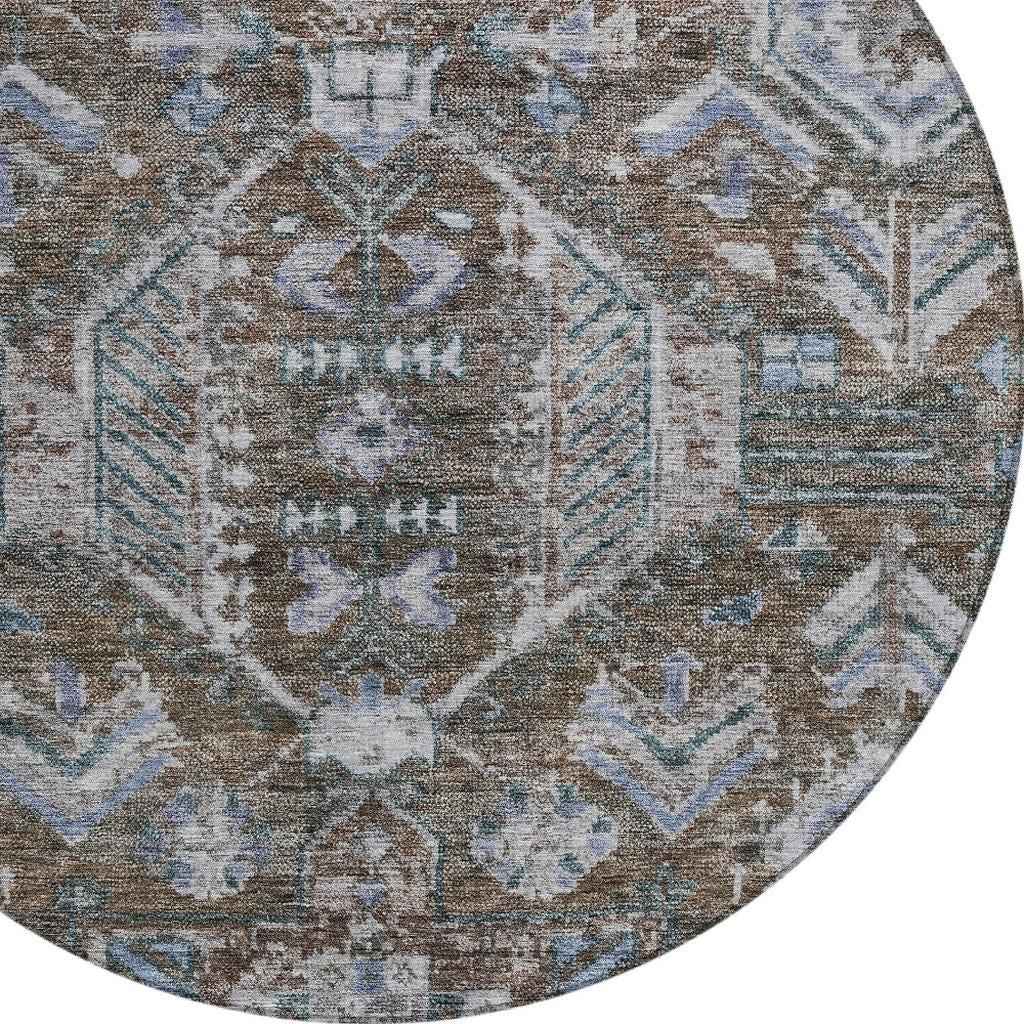 8' Chocolate And Denim Blue Round Medallion Washable Indoor Outdoor Area Rug