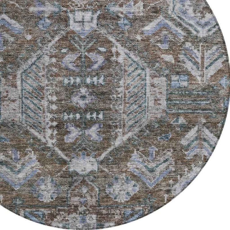8' Chocolate And Denim Blue Round Medallion Washable Indoor Outdoor Area Rug