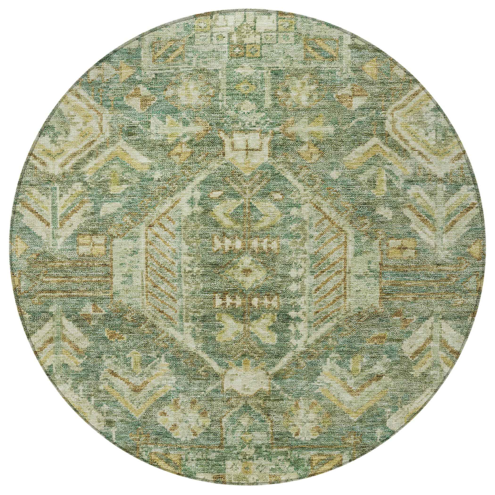 8' Fern Green And Gold Round Medallion Washable Indoor Outdoor Area Rug