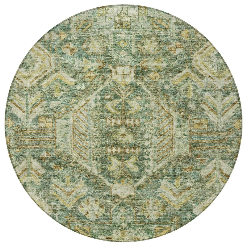 8' Fern Green And Gold Round Medallion Washable Indoor Outdoor Area Rug