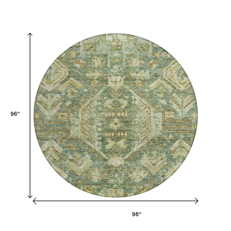 8' Fern Green And Gold Round Medallion Washable Indoor Outdoor Area Rug