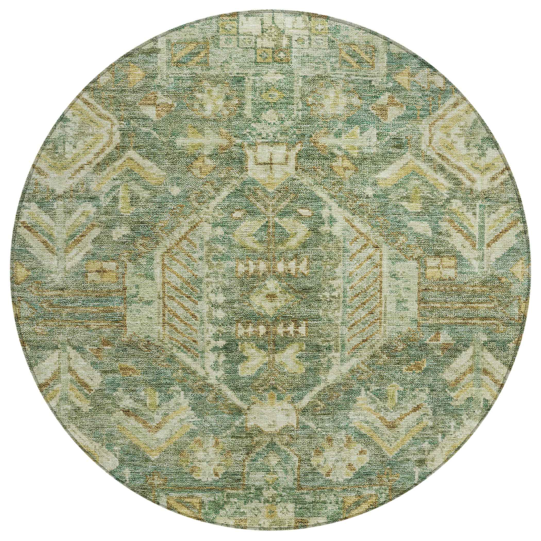 8' Fern Green And Gold Round Medallion Washable Indoor Outdoor Area Rug