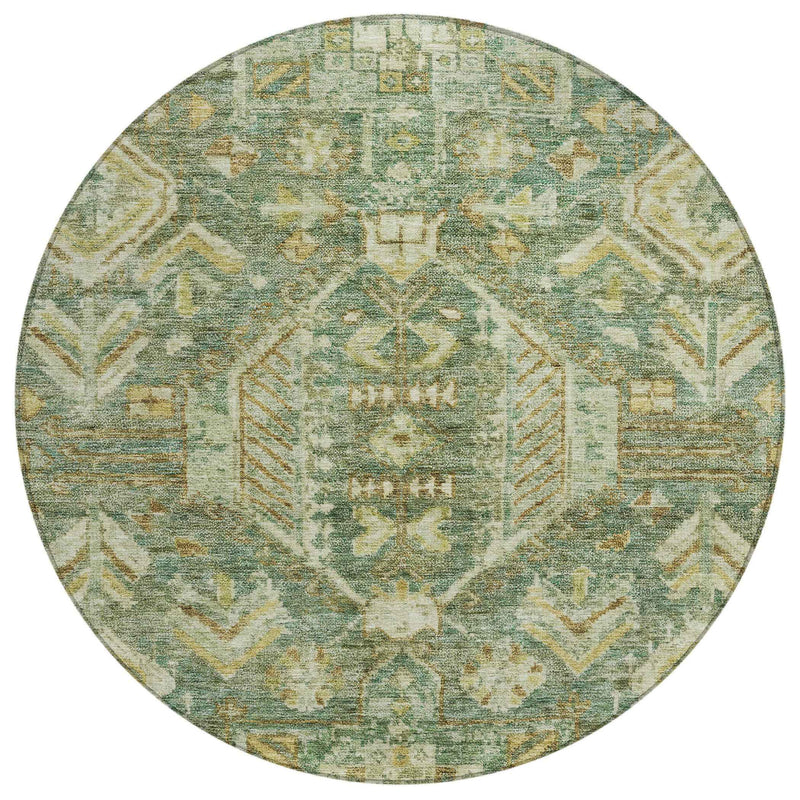 8' Fern Green And Gold Round Medallion Washable Indoor Outdoor Area Rug