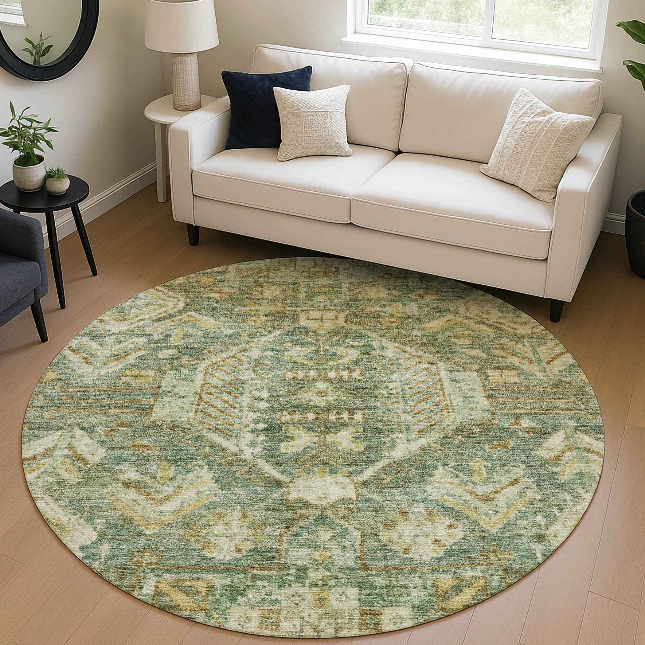 8' Fern Green And Gold Round Medallion Washable Indoor Outdoor Area Rug