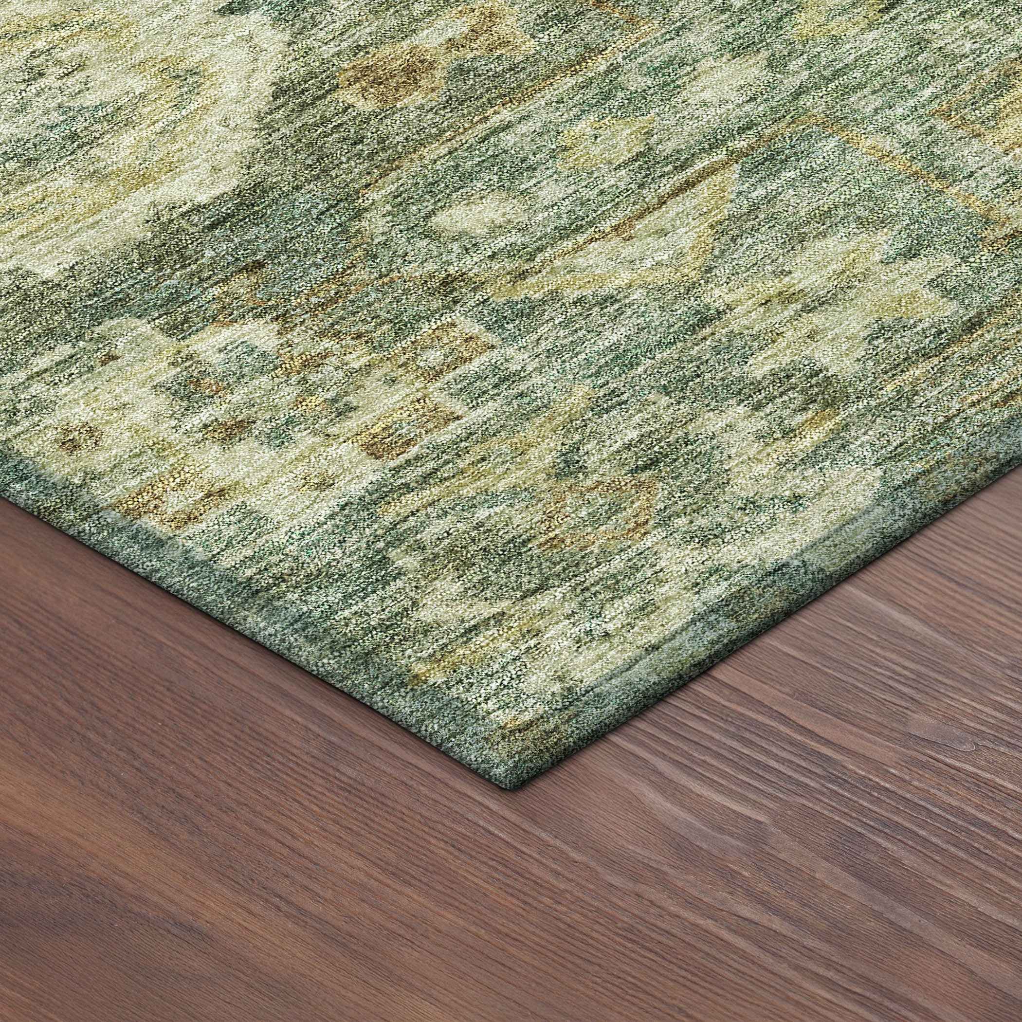 8' Fern Green And Gold Round Medallion Washable Indoor Outdoor Area Rug