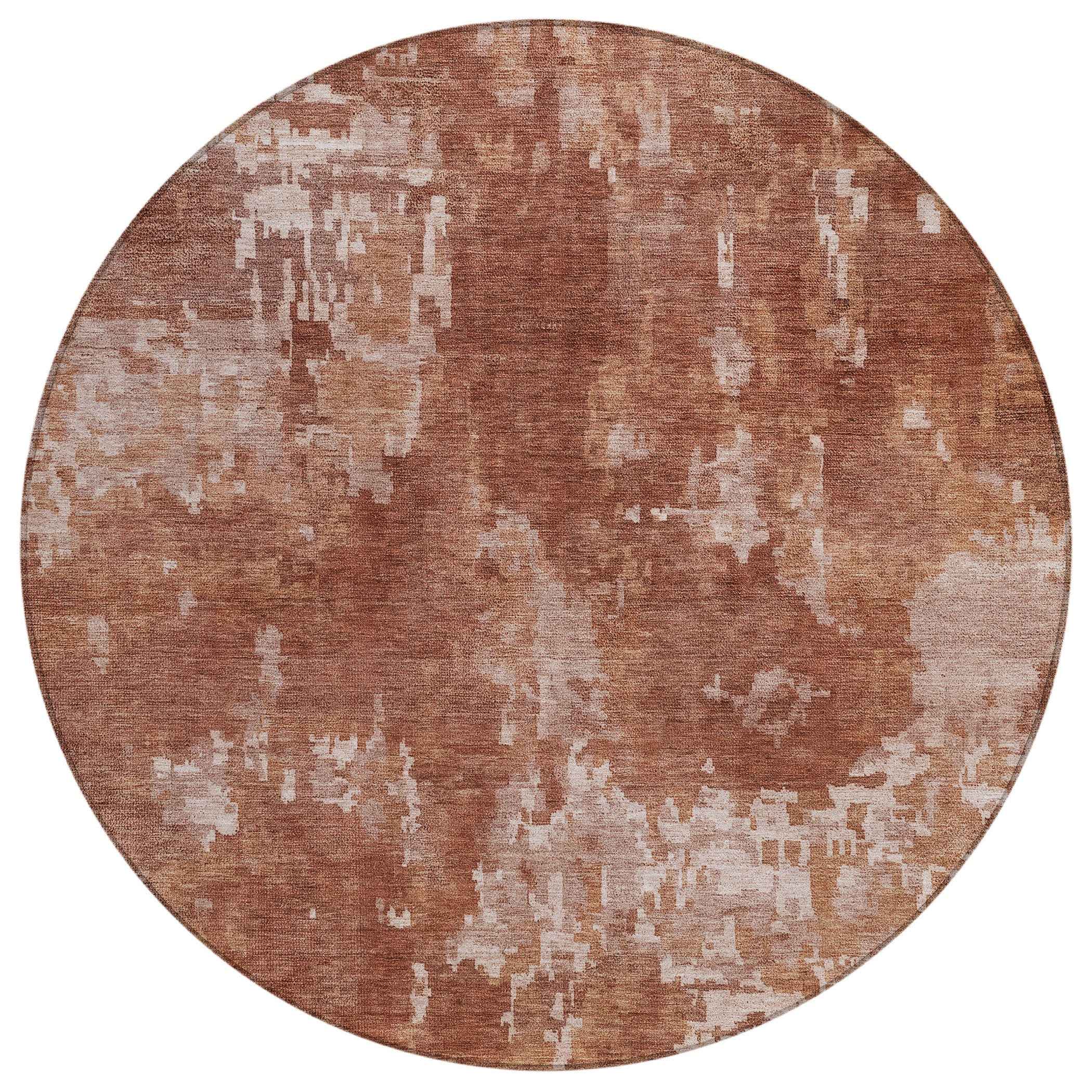 8' Copper And Ivory Round Abstract Washable Indoor Outdoor Area Rug