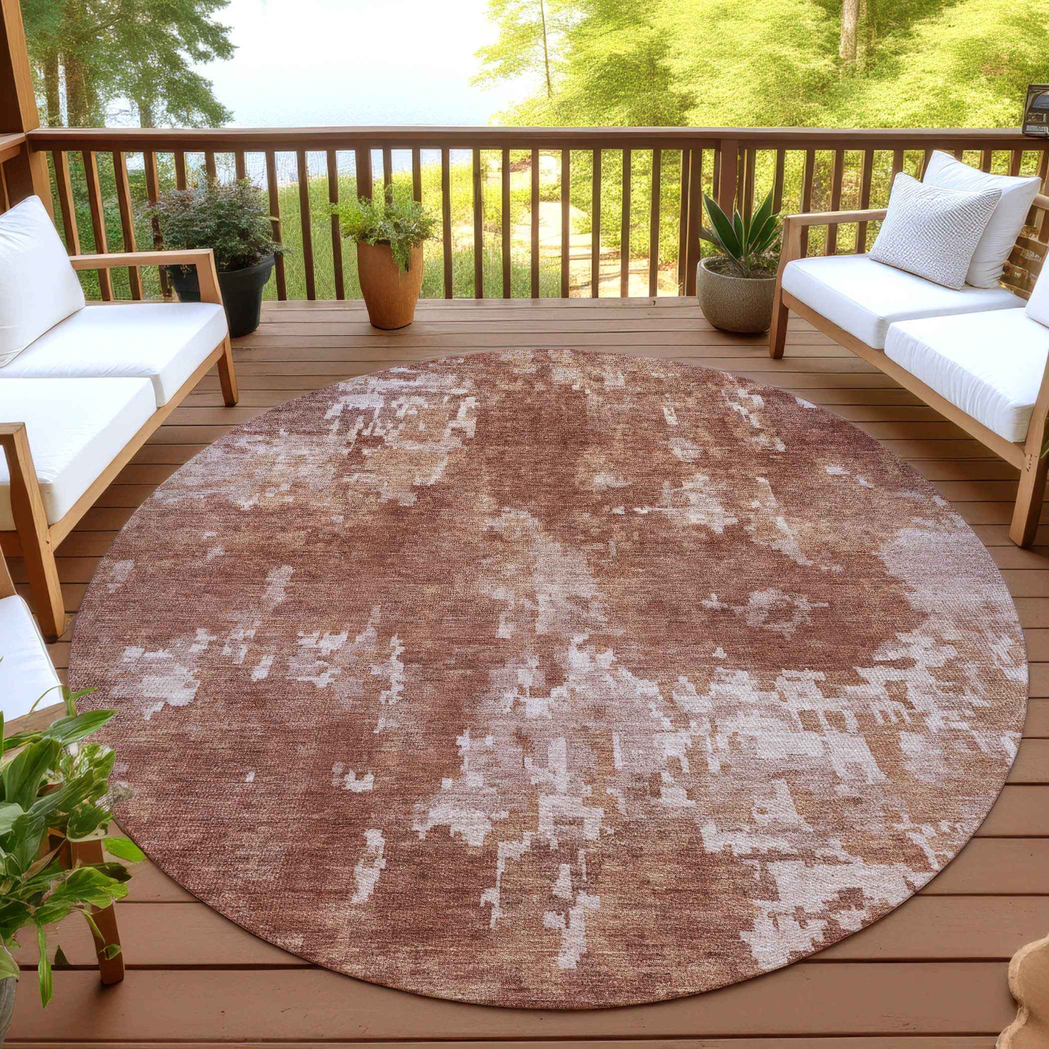 8' Copper And Ivory Round Abstract Washable Indoor Outdoor Area Rug