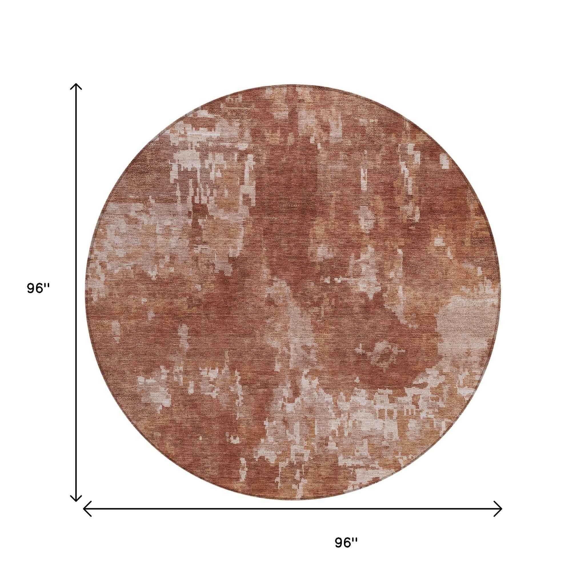8' Copper And Ivory Round Abstract Washable Indoor Outdoor Area Rug