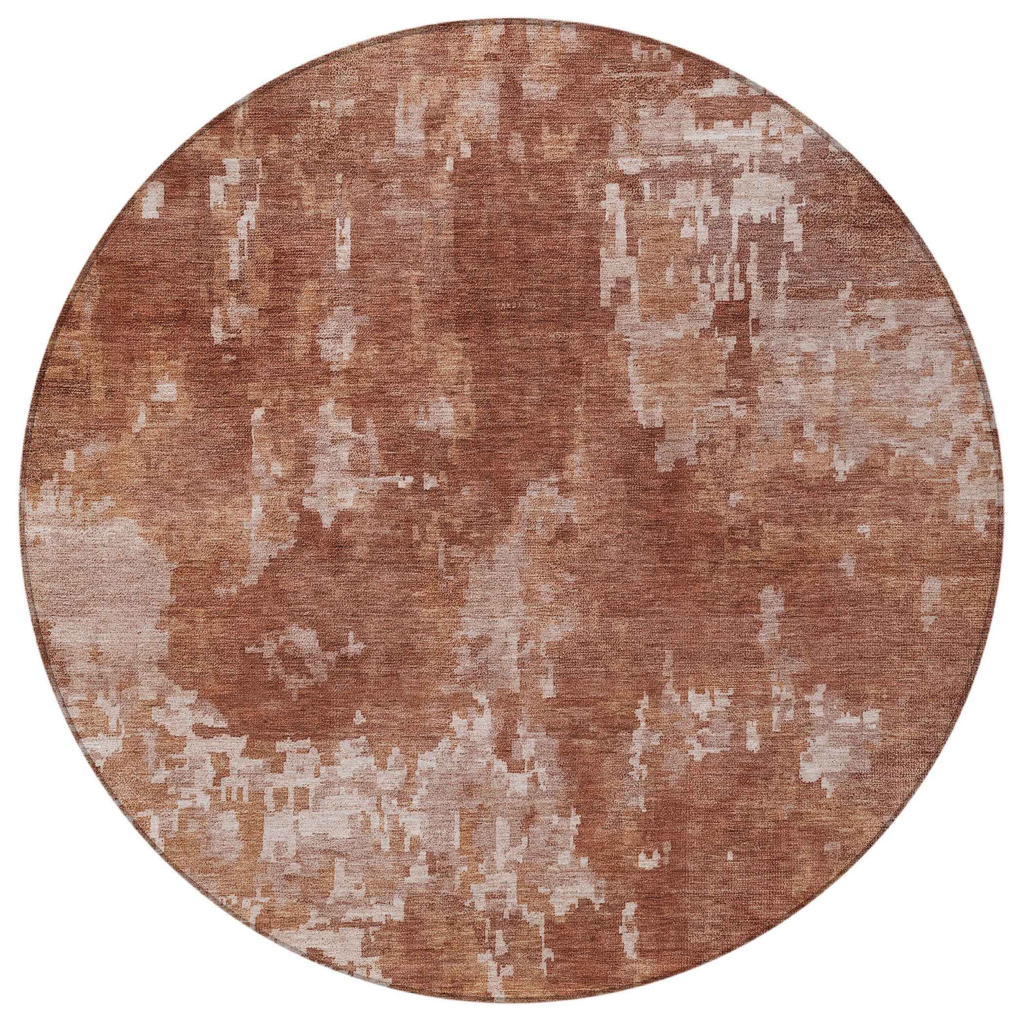 8' Copper And Ivory Round Abstract Washable Indoor Outdoor Area Rug