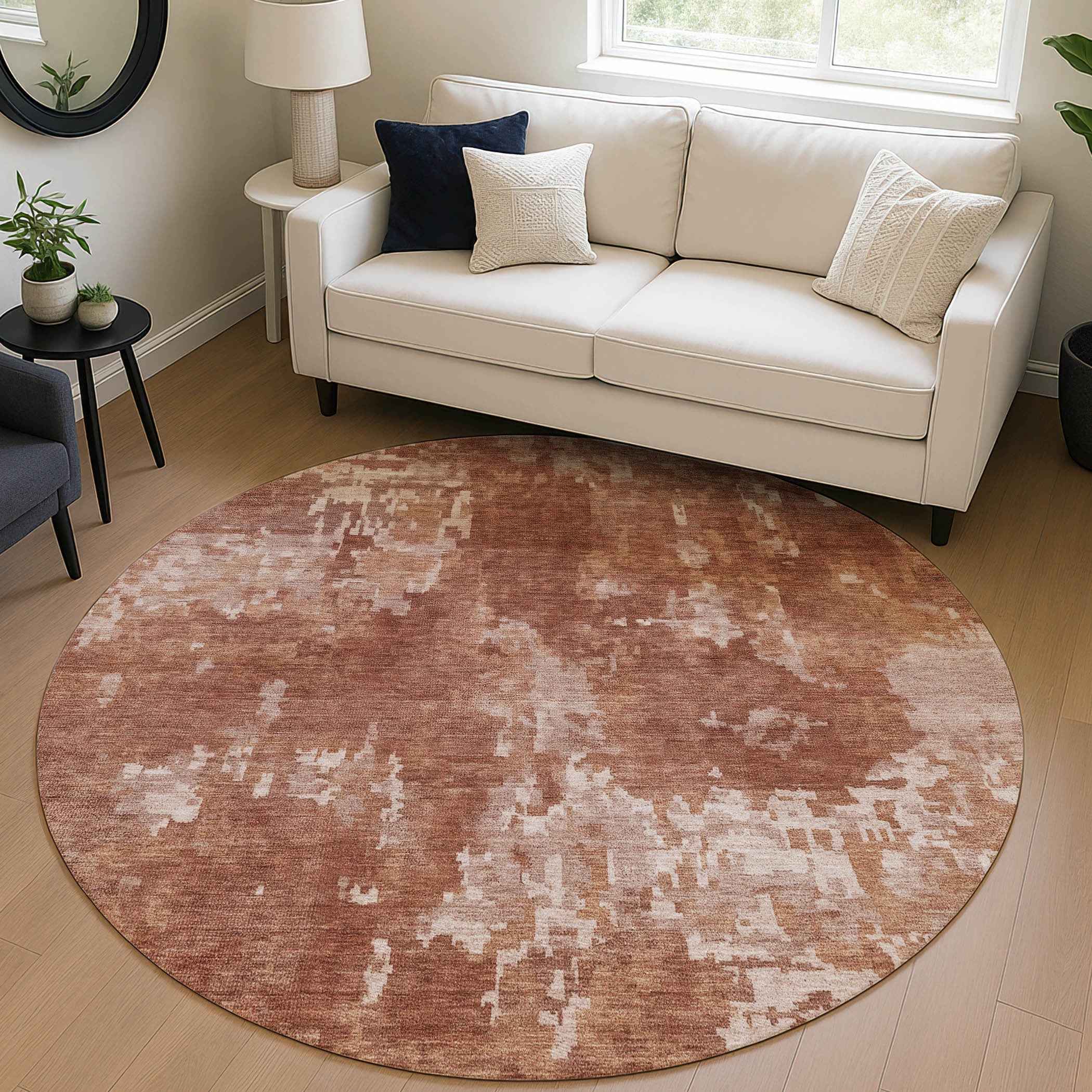 8' Copper And Ivory Round Abstract Washable Indoor Outdoor Area Rug