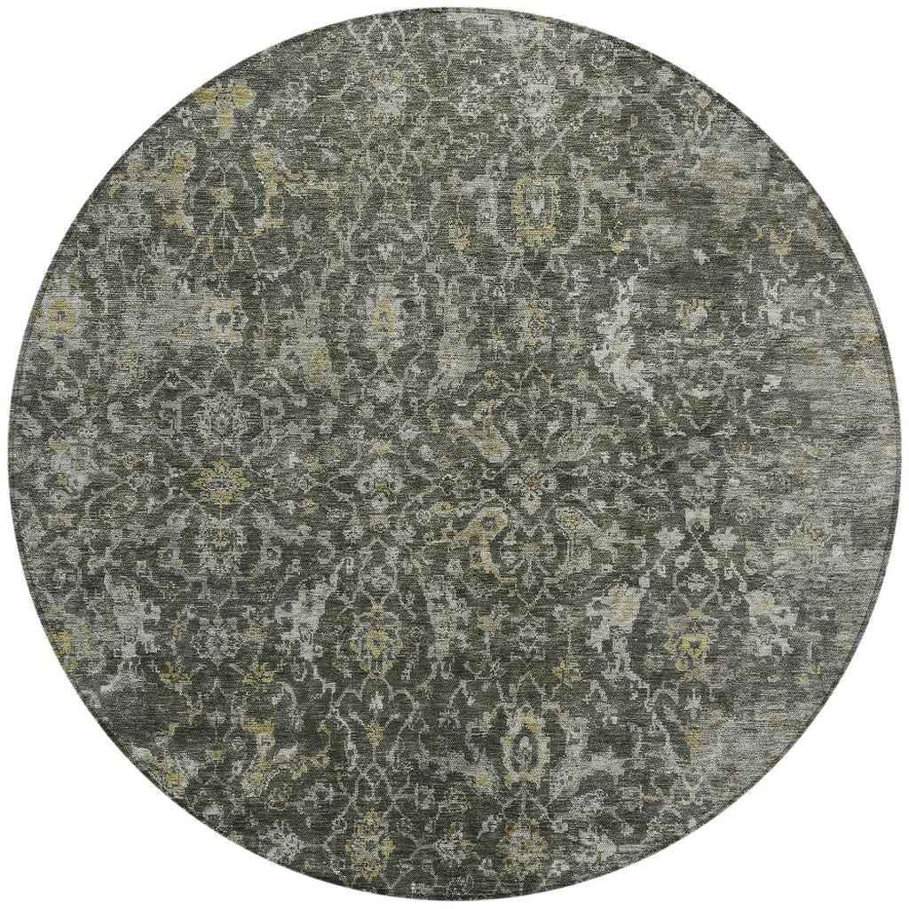 8' Pewter And Gray Round Damask Washable Indoor Outdoor Area Rug