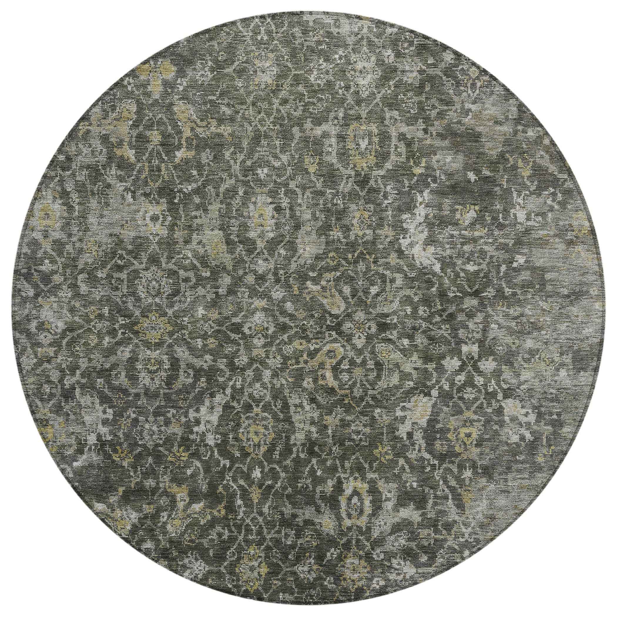 8' Pewter And Gray Round Damask Washable Indoor Outdoor Area Rug