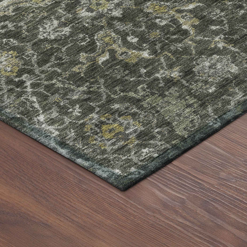 8' Pewter And Gray Round Damask Washable Indoor Outdoor Area Rug