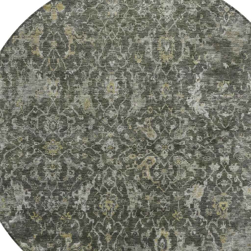 8' Pewter And Gray Round Damask Washable Indoor Outdoor Area Rug