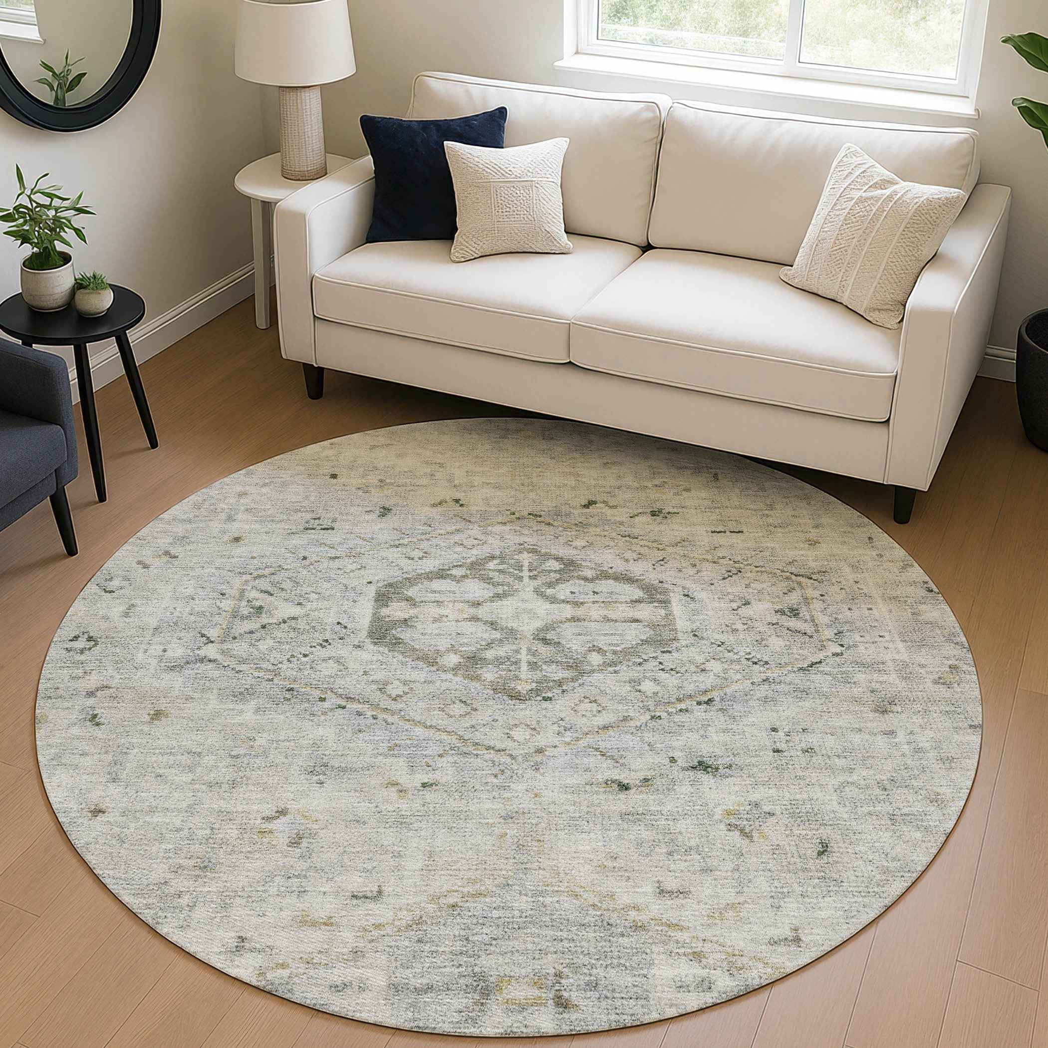 8' Taupe And Beige Round Medallion Washable Indoor Outdoor Area Rug