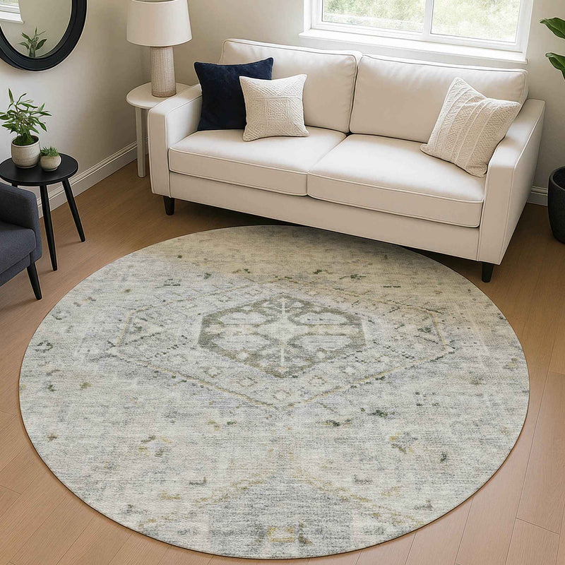 8' Taupe And Beige Round Medallion Washable Indoor Outdoor Area Rug