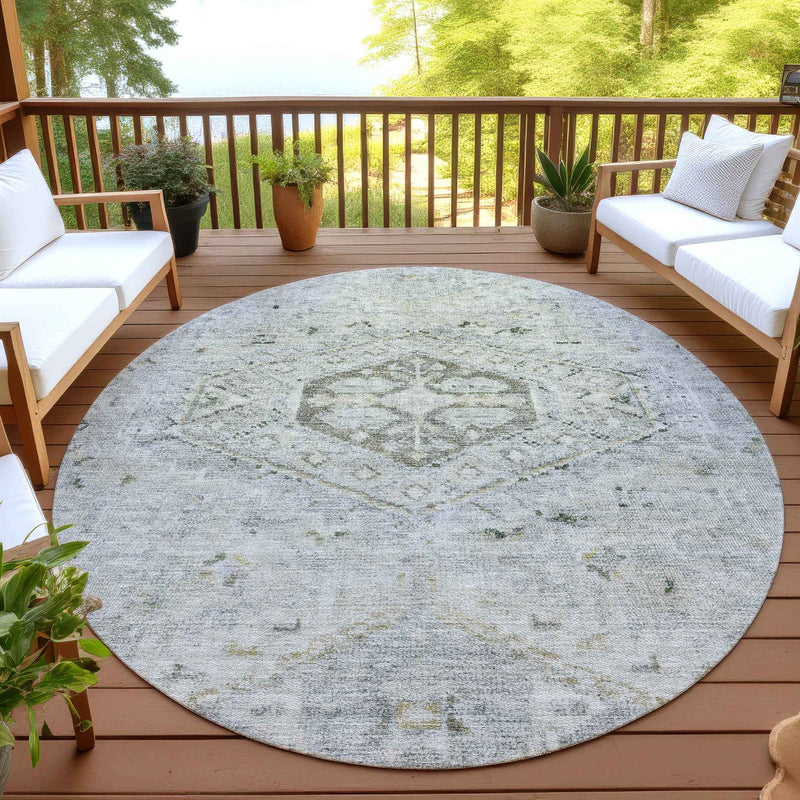 8' Taupe And Beige Round Medallion Washable Indoor Outdoor Area Rug