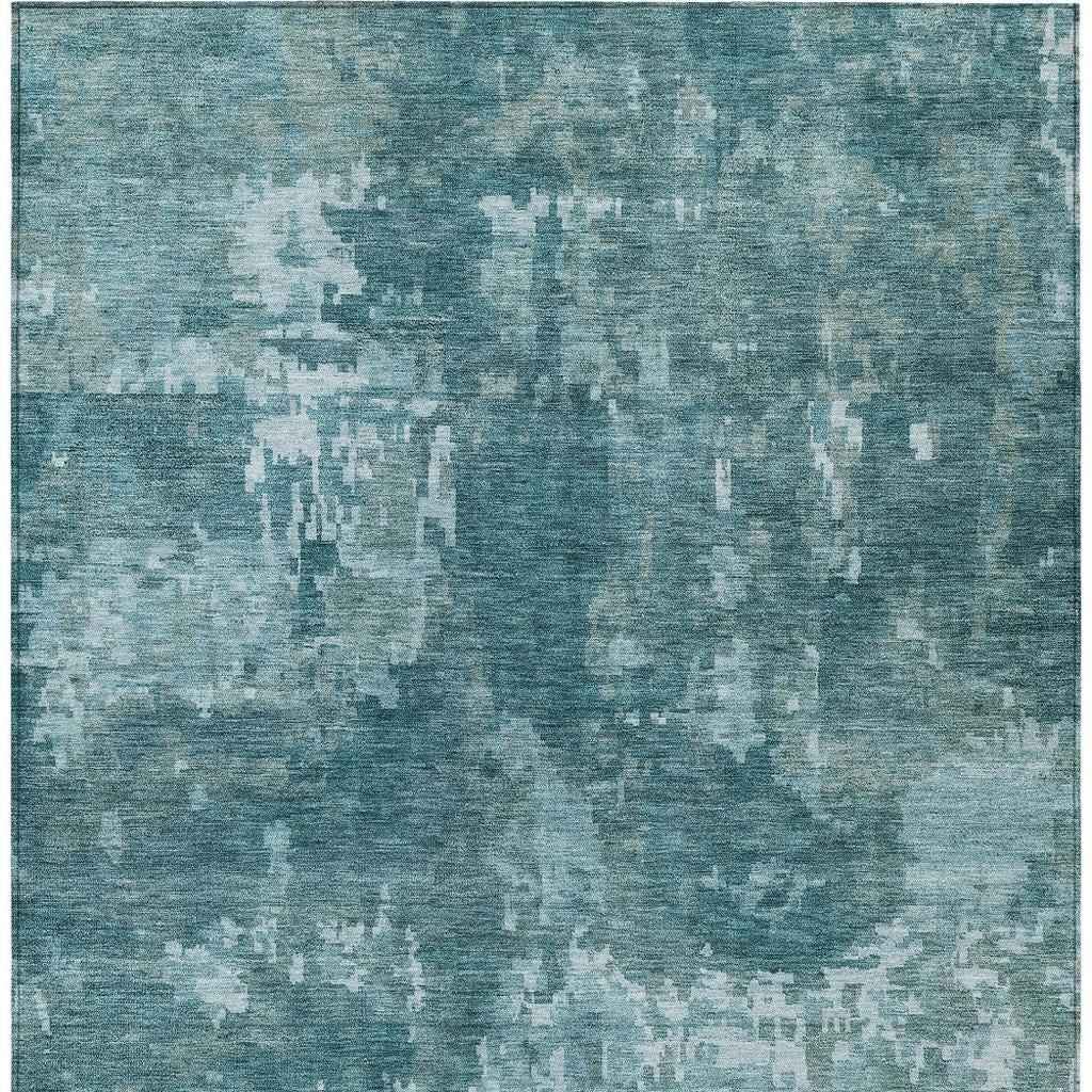 9' X 12' Teal Blue And Aqua Abstract Washable Indoor Outdoor Area Rug