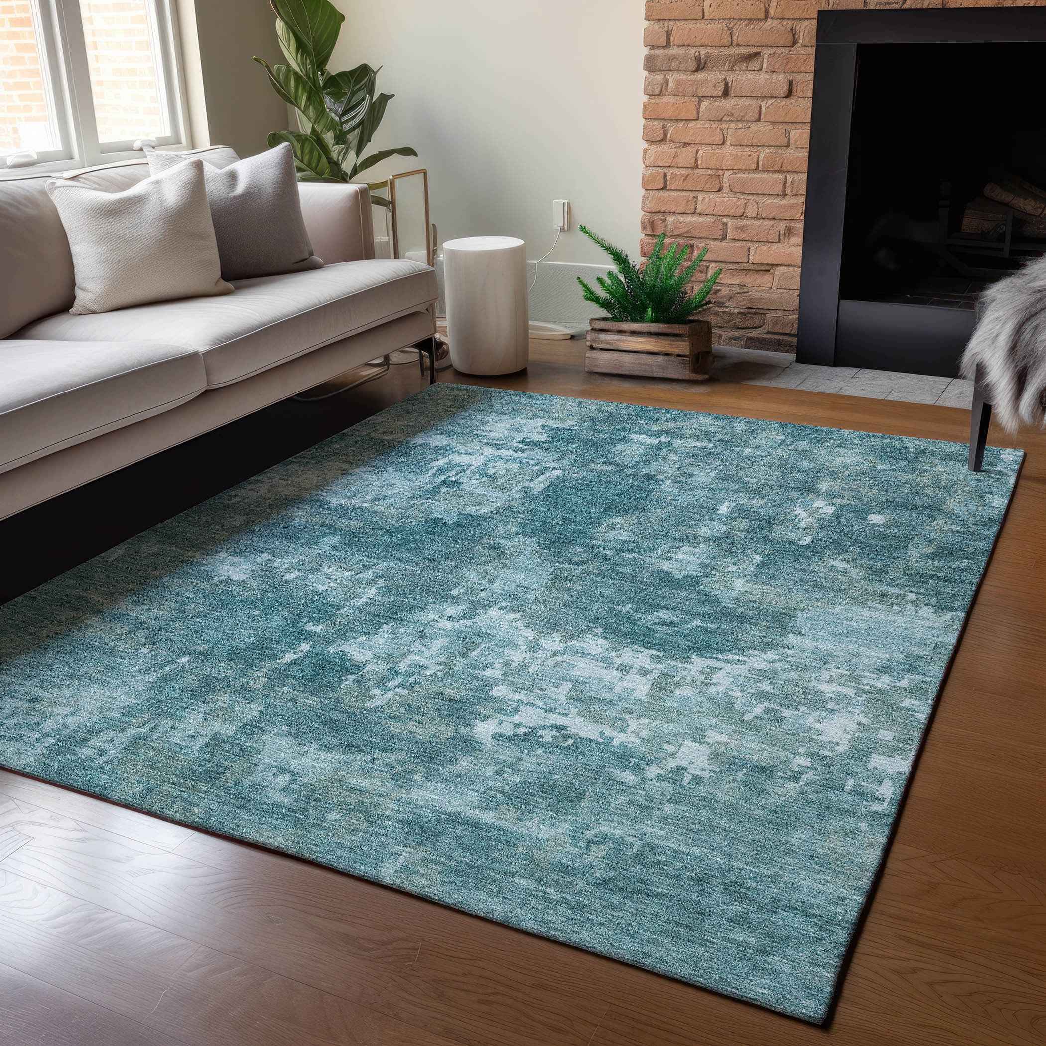 9' X 12' Teal Blue And Aqua Abstract Washable Indoor Outdoor Area Rug