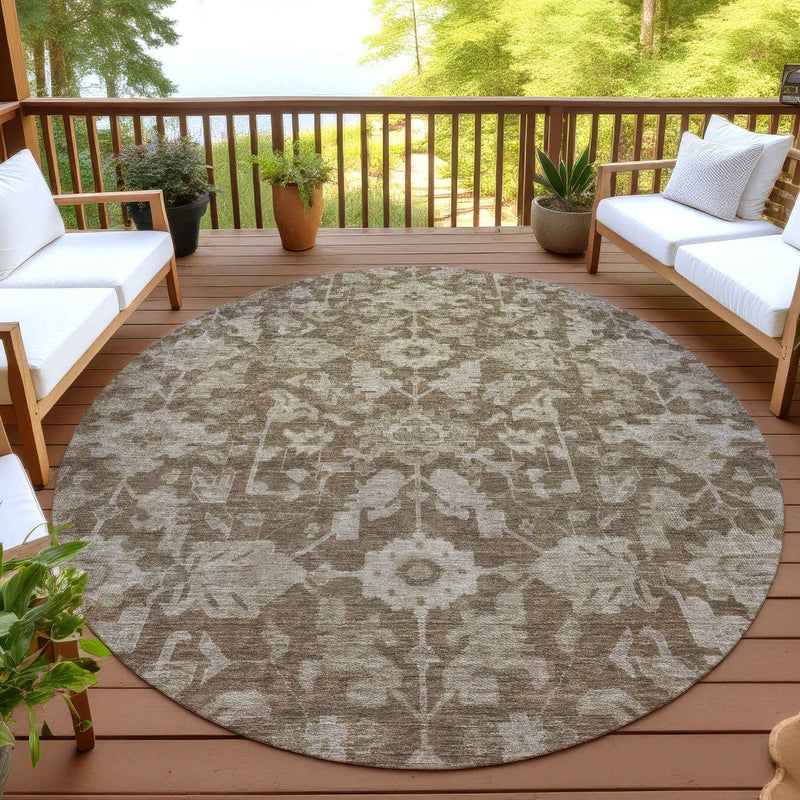 8' Brown And Beige Round Floral Washable Indoor Outdoor Area Rug