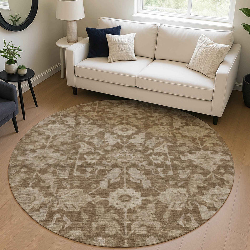 8' Brown And Beige Round Floral Washable Indoor Outdoor Area Rug