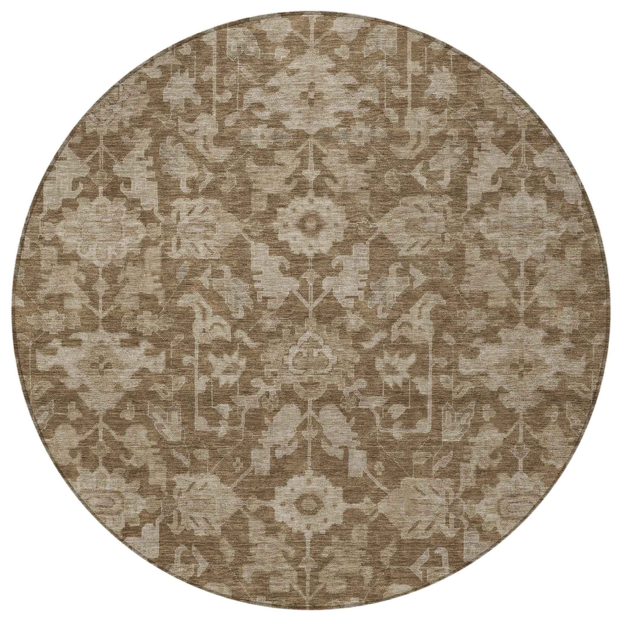 8' Brown And Beige Round Floral Washable Indoor Outdoor Area Rug