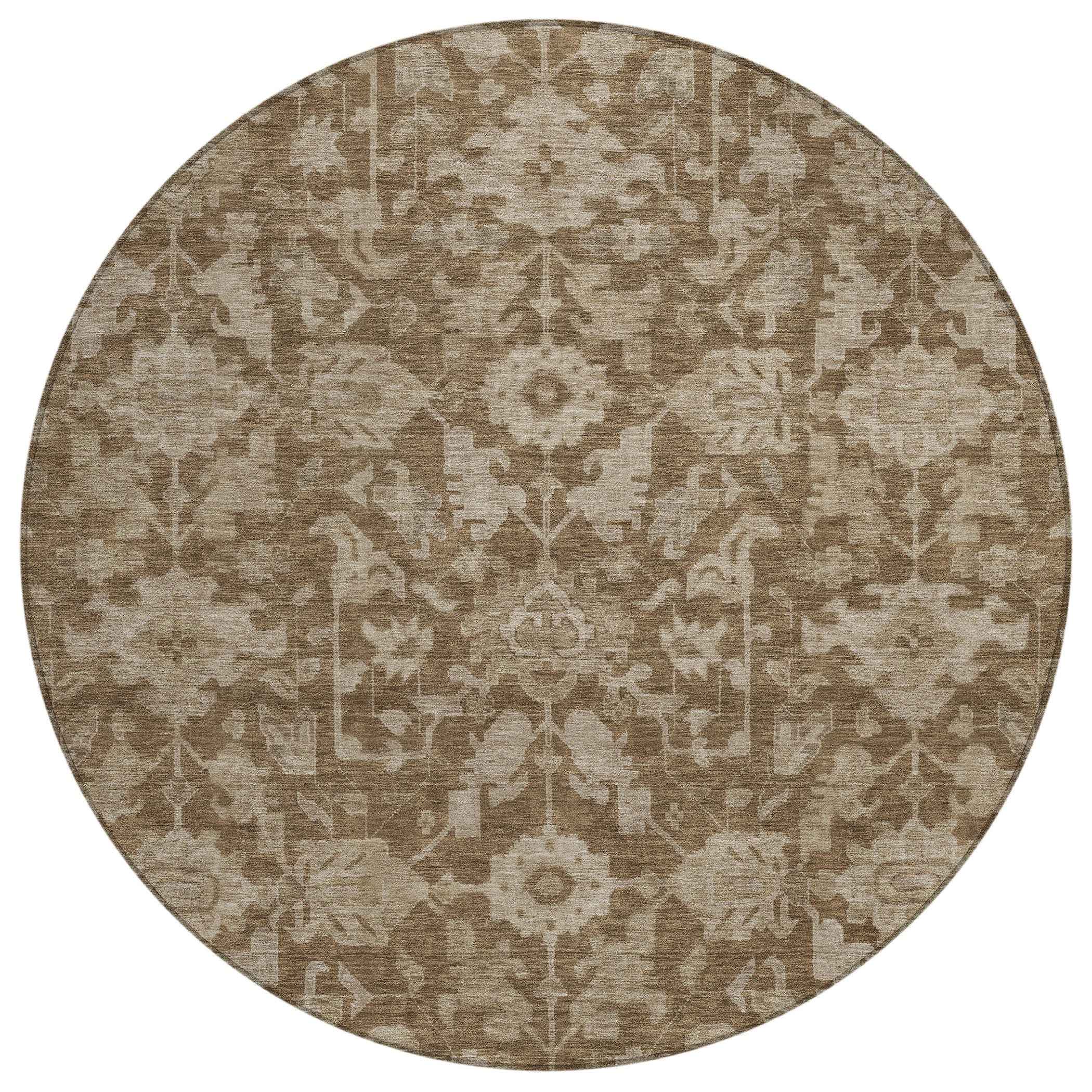 8' Brown And Beige Round Floral Washable Indoor Outdoor Area Rug