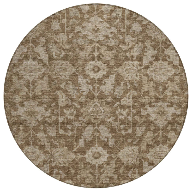 8' Brown And Beige Round Floral Washable Indoor Outdoor Area Rug