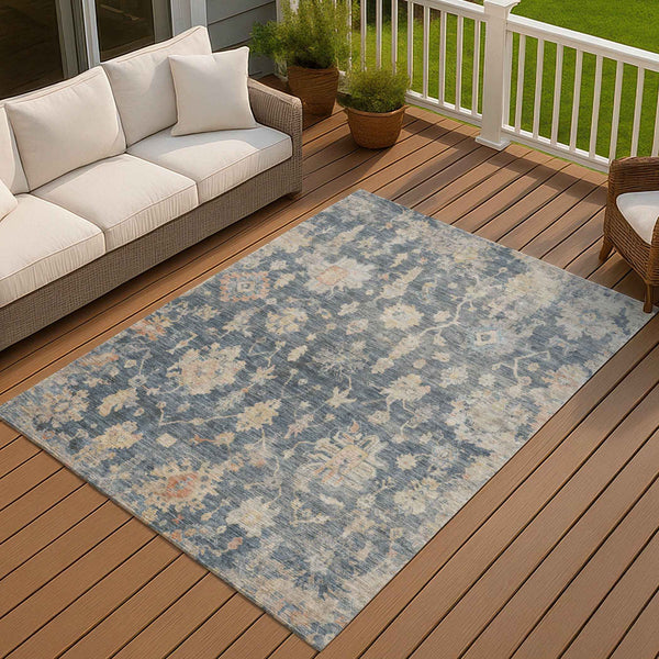 9' X 12' Navy Blue Beige And Rust Floral Washable Indoor Outdoor Area Rug