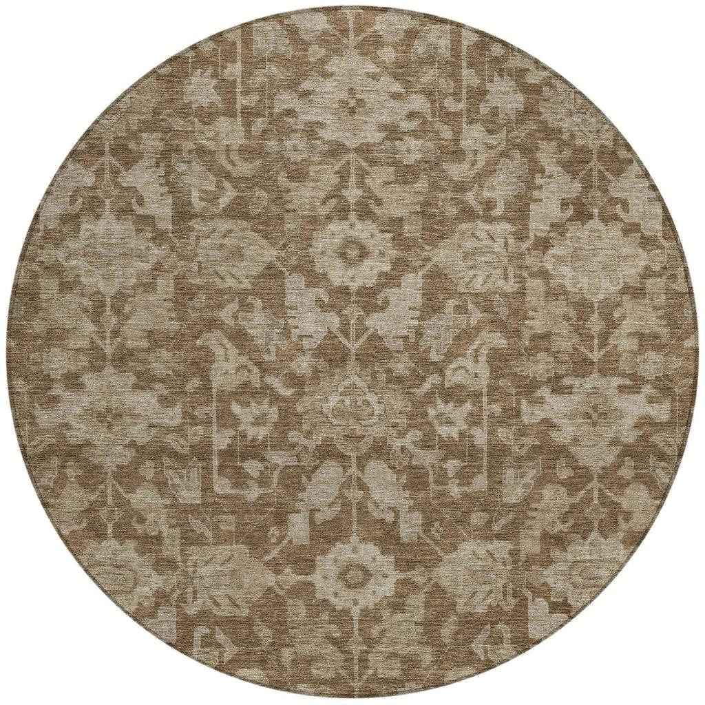 8' Brown And Beige Round Floral Washable Indoor Outdoor Area Rug