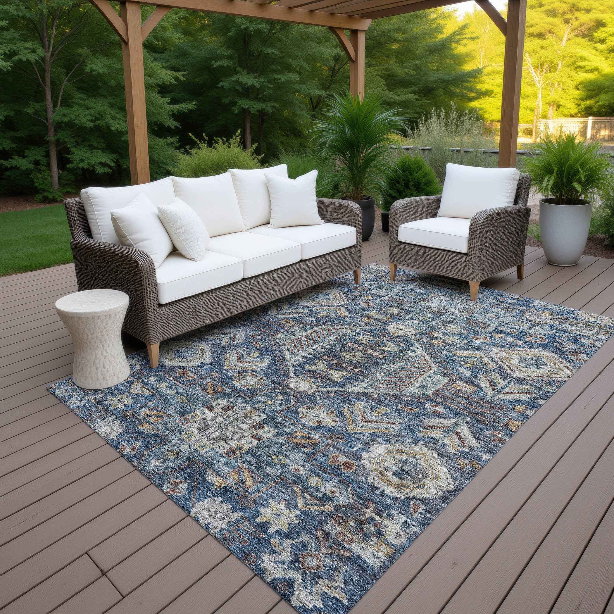 5' X 8' Navy Blue Ivory And Beige Medallion Washable Indoor Outdoor Area Rug